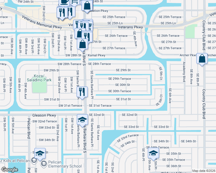 map of restaurants, bars, coffee shops, grocery stores, and more near 204 Southeast 30th Street in Cape Coral