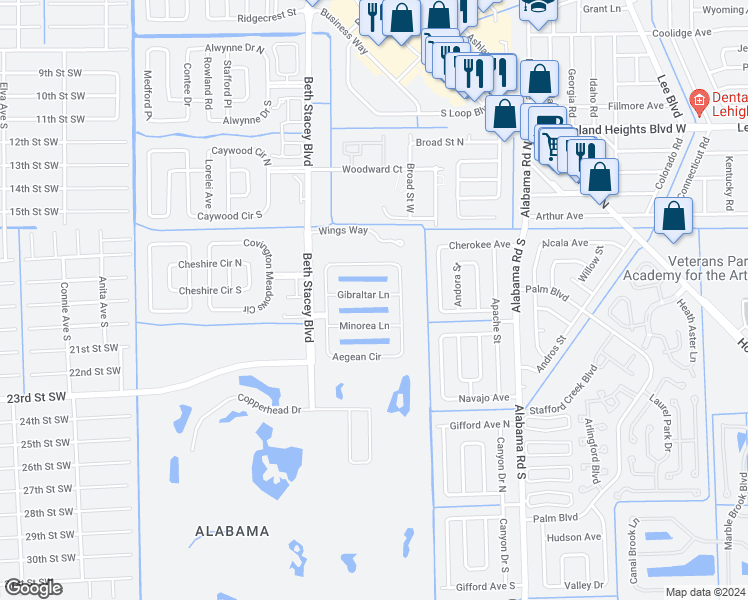 map of restaurants, bars, coffee shops, grocery stores, and more near 18305 Gibraltar Lane in Lehigh Acres