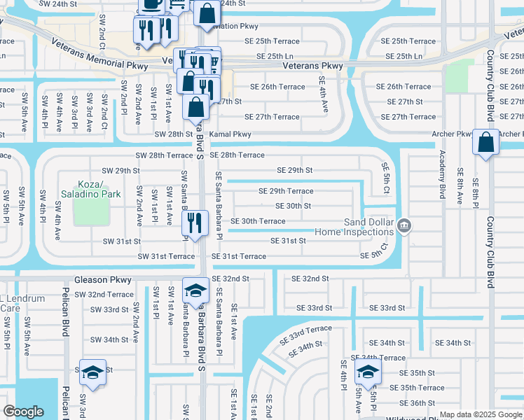 map of restaurants, bars, coffee shops, grocery stores, and more near 204 Southeast 30th Street in Cape Coral
