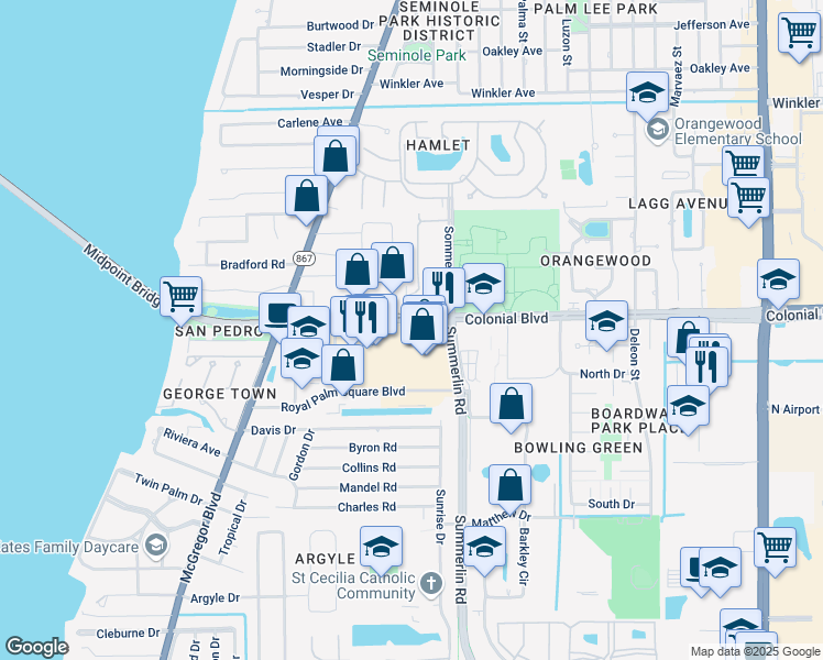 map of restaurants, bars, coffee shops, grocery stores, and more near 1530 Colonial Boulevard in Fort Myers