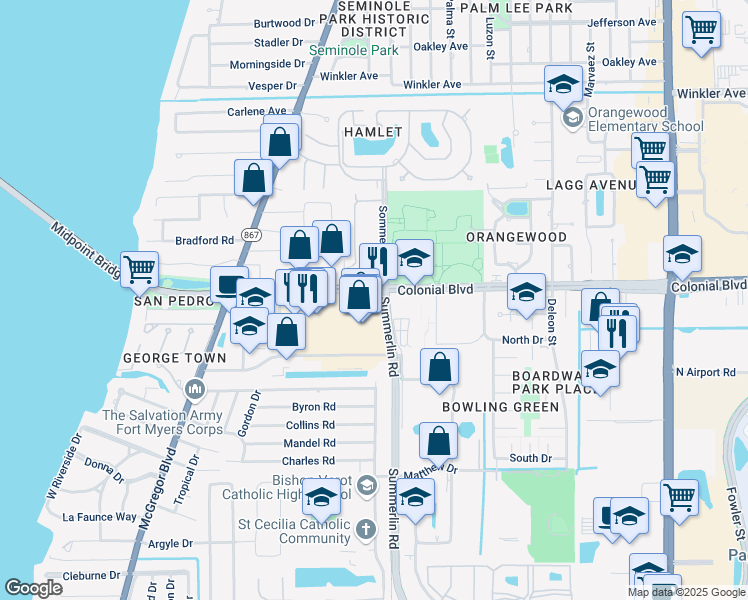 map of restaurants, bars, coffee shops, grocery stores, and more near 1530 Colonial Boulevard in Fort Myers