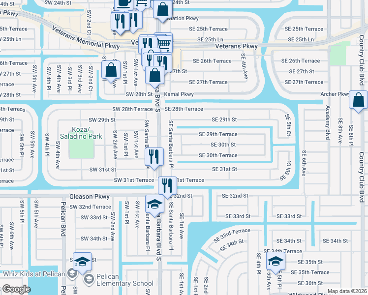 map of restaurants, bars, coffee shops, grocery stores, and more near 130 Southeast 30th Street in Cape Coral