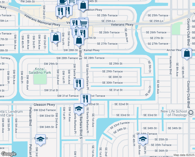 map of restaurants, bars, coffee shops, grocery stores, and more near 130 Southeast 30th Street in Cape Coral