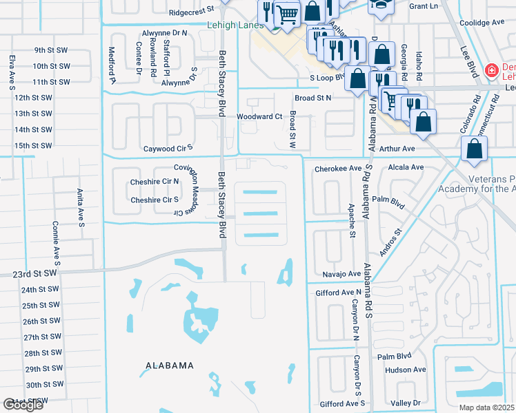 map of restaurants, bars, coffee shops, grocery stores, and more near 18281 Gibraltar Lane in Lehigh Acres