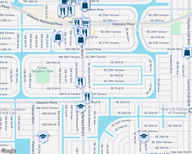 map of restaurants, bars, coffee shops, grocery stores, and more near 130 Southeast 30th Street in Cape Coral