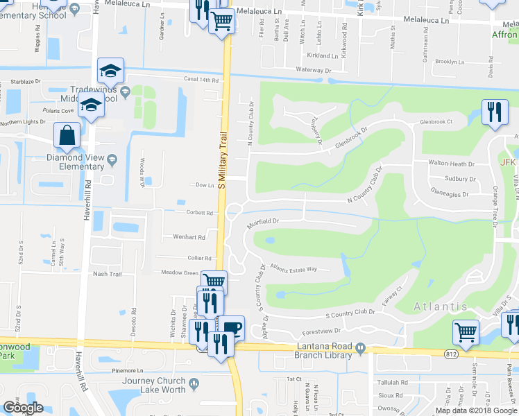 map of restaurants, bars, coffee shops, grocery stores, and more near 533 North Country Club Drive in Lake Worth