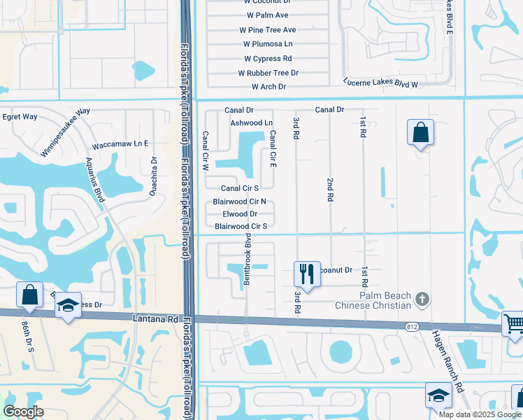 map of restaurants, bars, coffee shops, grocery stores, and more near 7743 Elwood Drive in Lake Worth
