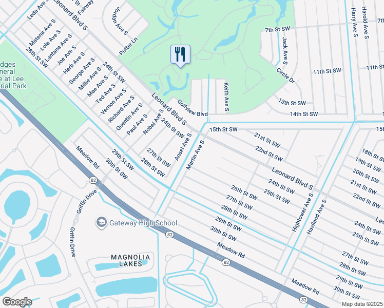 map of restaurants, bars, coffee shops, grocery stores, and more near 2500 Martin Avenue South in Lehigh Acres