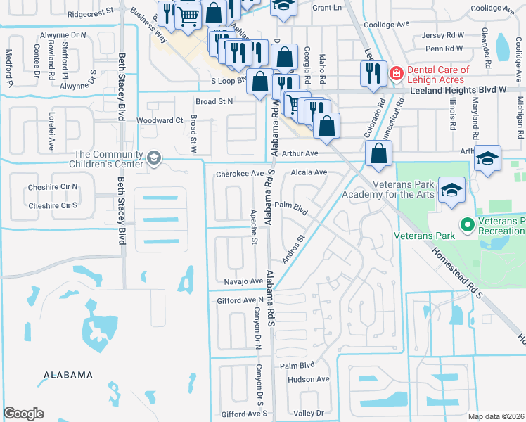 map of restaurants, bars, coffee shops, grocery stores, and more near 103 Alabama Road South in Lehigh Acres