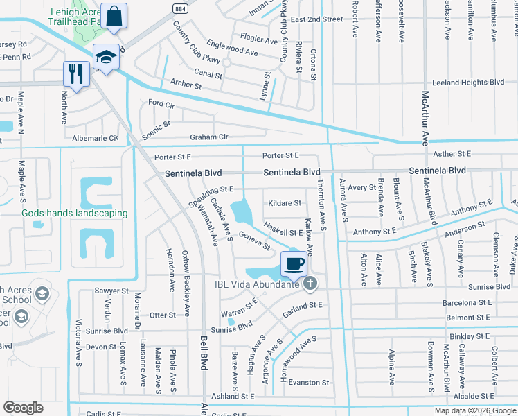 map of restaurants, bars, coffee shops, grocery stores, and more near 848 Haskell Street East in Lehigh Acres