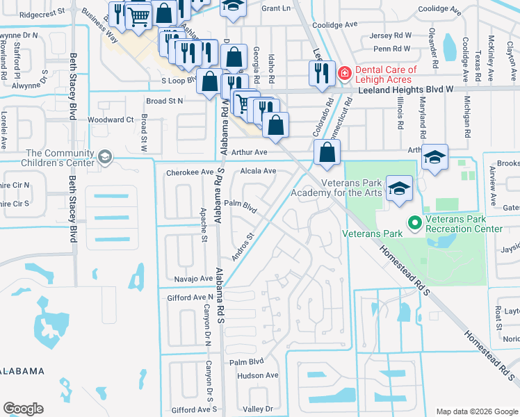 map of restaurants, bars, coffee shops, grocery stores, and more near 803 Palm Boulevard in Lehigh Acres