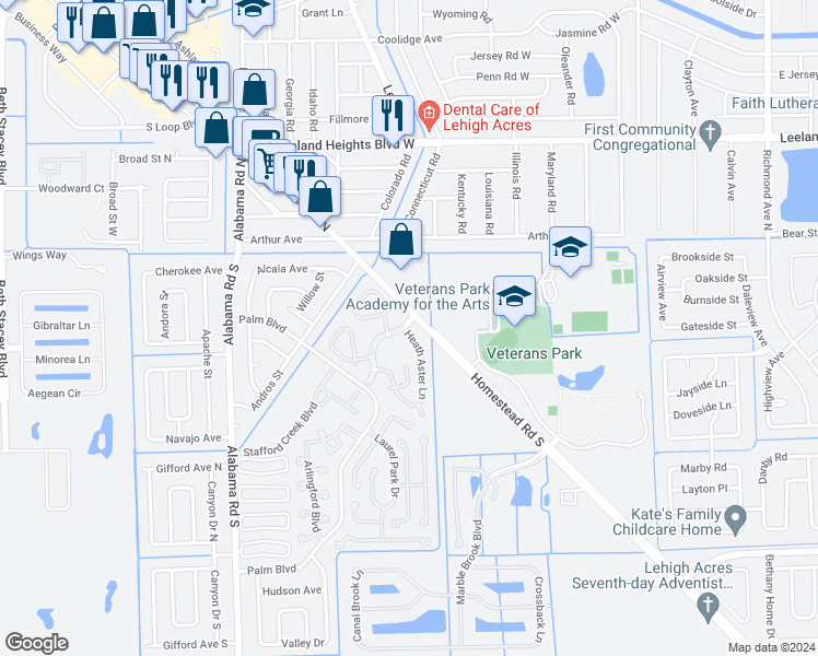 map of restaurants, bars, coffee shops, grocery stores, and more near 6 Pinewood Boulevard in Lehigh Acres