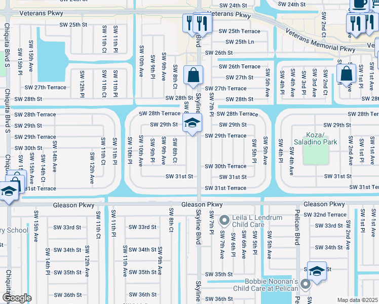 map of restaurants, bars, coffee shops, grocery stores, and more near 2947 SW 8th Pl in Cape Coral