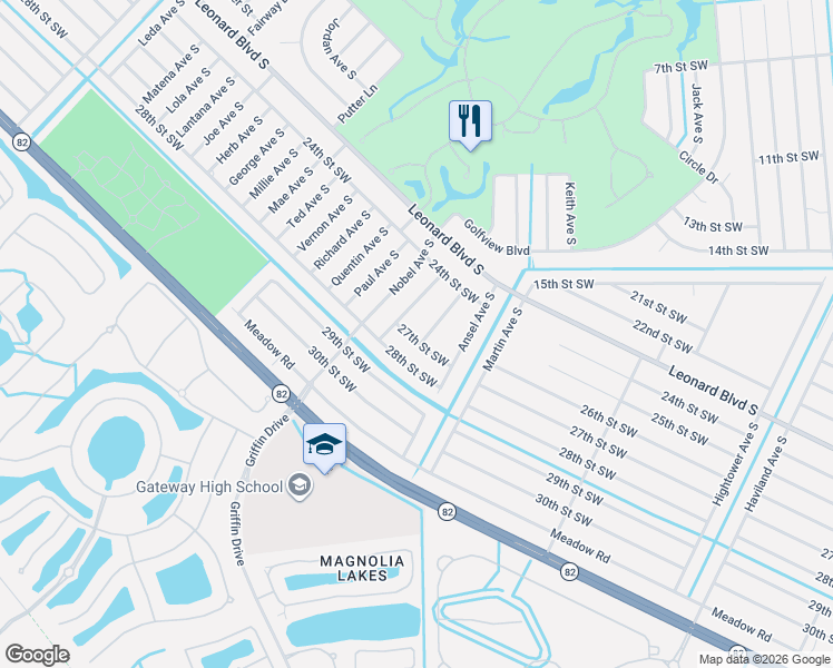 map of restaurants, bars, coffee shops, grocery stores, and more near 2428 Mansfield Avenue South in Lehigh Acres