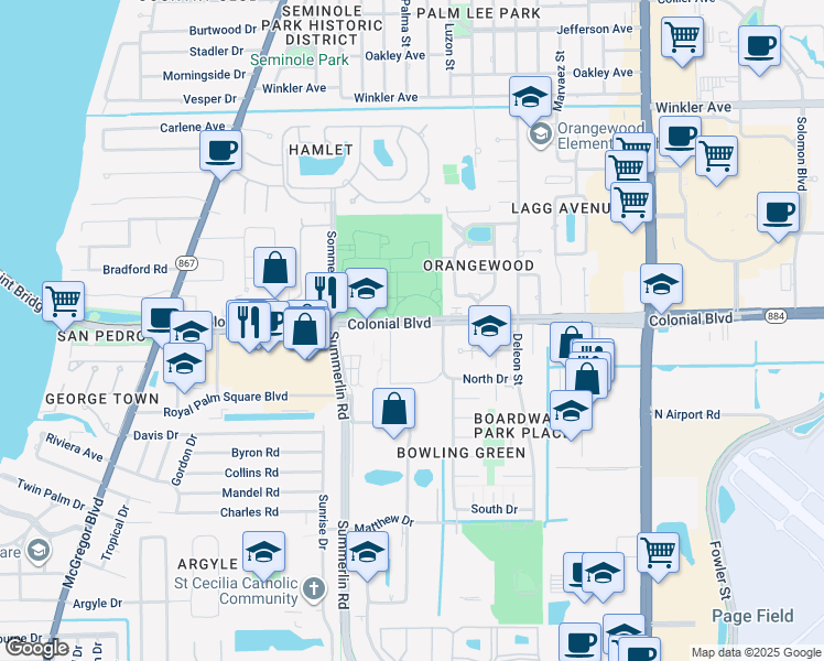 map of restaurants, bars, coffee shops, grocery stores, and more near 1600 Colonial Boulevard in Fort Myers