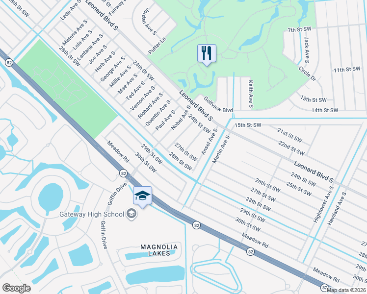 map of restaurants, bars, coffee shops, grocery stores, and more near 2428 Mansfield Avenue South in Lehigh Acres