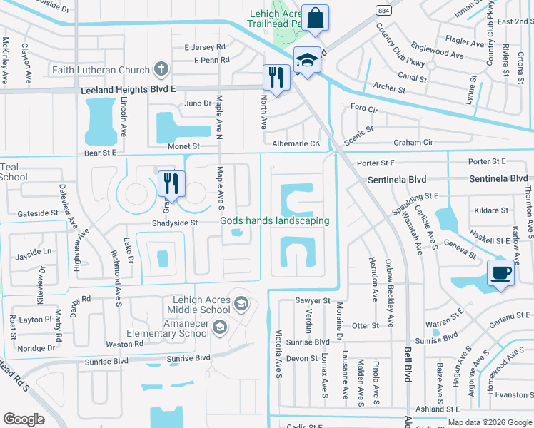 map of restaurants, bars, coffee shops, grocery stores, and more near 423 Shadow Lakes Drive in Lehigh Acres