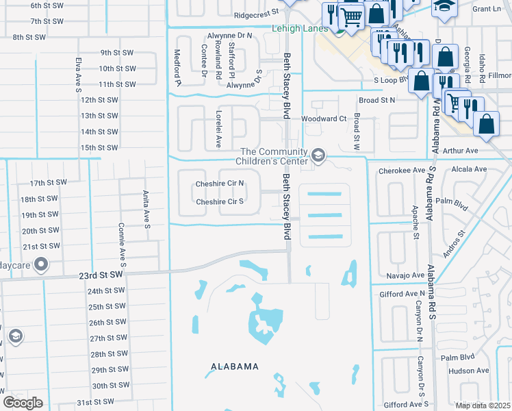 map of restaurants, bars, coffee shops, grocery stores, and more near 1615 Covington Meadows Circle in Lehigh Acres
