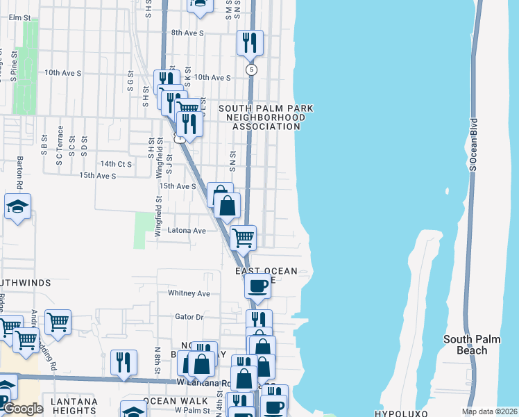 map of restaurants, bars, coffee shops, grocery stores, and more near 1529 South Palmway in Lake Worth