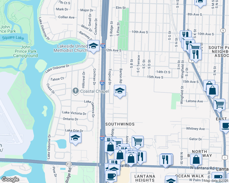 map of restaurants, bars, coffee shops, grocery stores, and more near 1509 Barton Road in Lake Worth