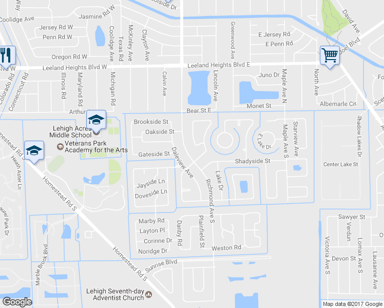 map of restaurants, bars, coffee shops, grocery stores, and more near 123 Richmond Avenue South in Lehigh Acres