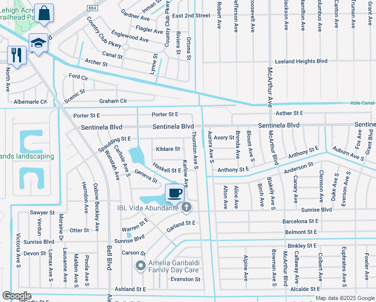 map of restaurants, bars, coffee shops, grocery stores, and more near 159 Karlow Avenue in Lehigh Acres