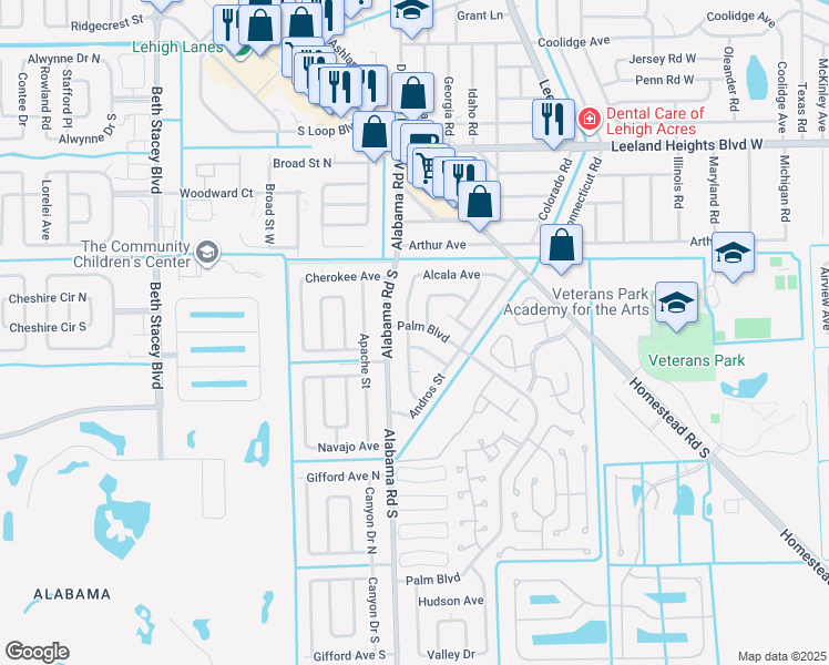 map of restaurants, bars, coffee shops, grocery stores, and more near 902 Palm Boulevard in Lehigh Acres