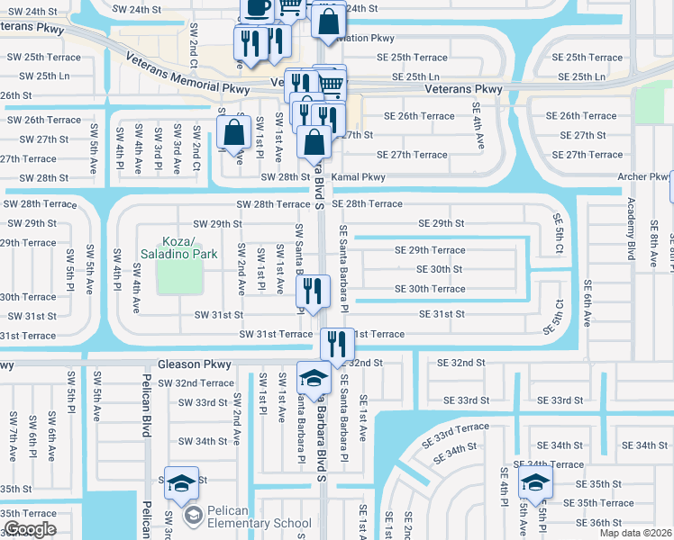 map of restaurants, bars, coffee shops, grocery stores, and more near 2936 Southeast Santa Barbara Place in Cape Coral