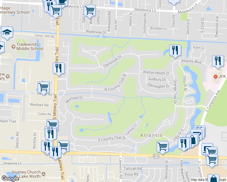 map of restaurants, bars, coffee shops, grocery stores, and more near 445 North Country Club Drive in Lake Worth