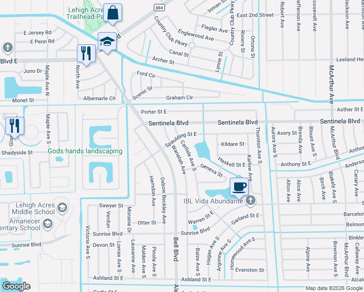 map of restaurants, bars, coffee shops, grocery stores, and more near 146 Carlisle Avenue South in Lehigh Acres