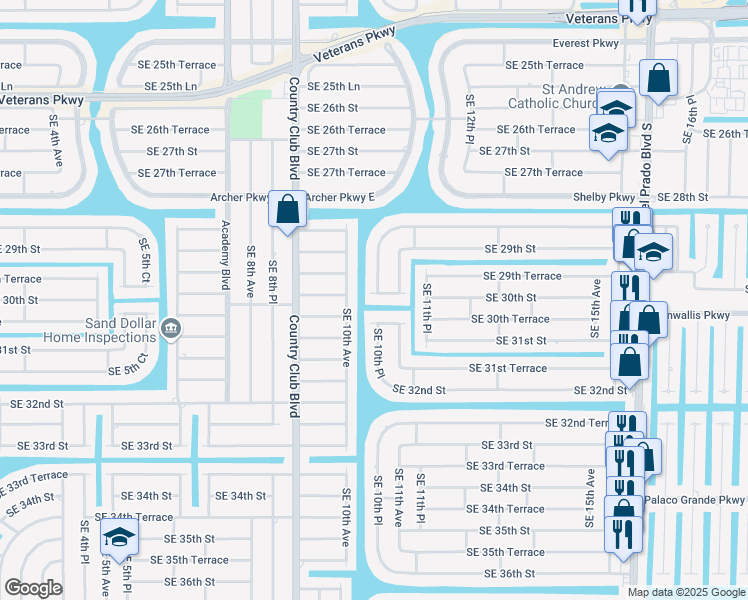 map of restaurants, bars, coffee shops, grocery stores, and more near 1034 Southeast 30th Street in Cape Coral