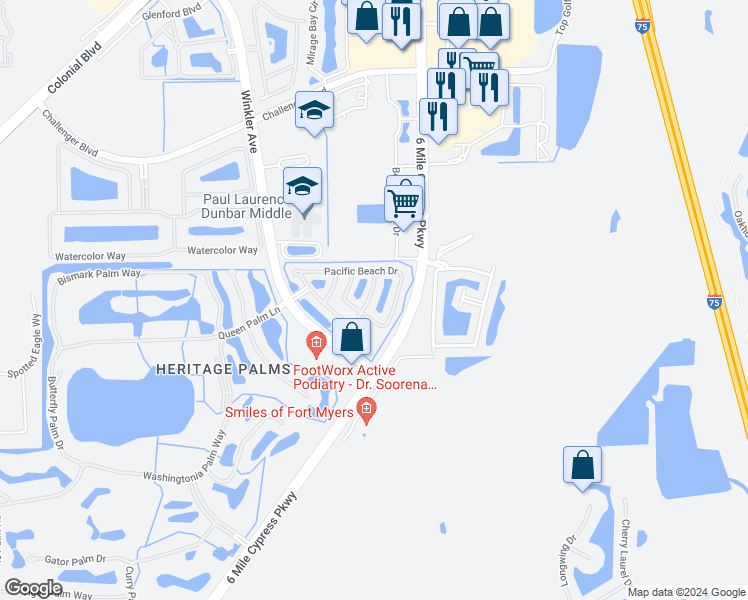map of restaurants, bars, coffee shops, grocery stores, and more near 10079 Poppy Hill Drive in Fort Myers