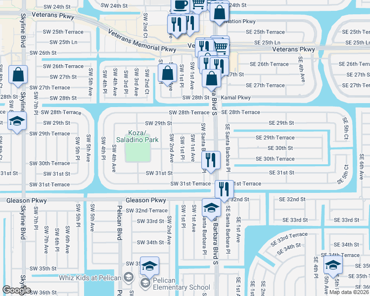 map of restaurants, bars, coffee shops, grocery stores, and more near 2934 Southwest 1st Avenue in Cape Coral