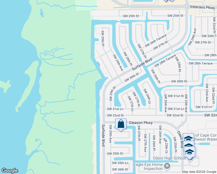 map of restaurants, bars, coffee shops, grocery stores, and more near 2945 Surfside Boulevard in Cape Coral