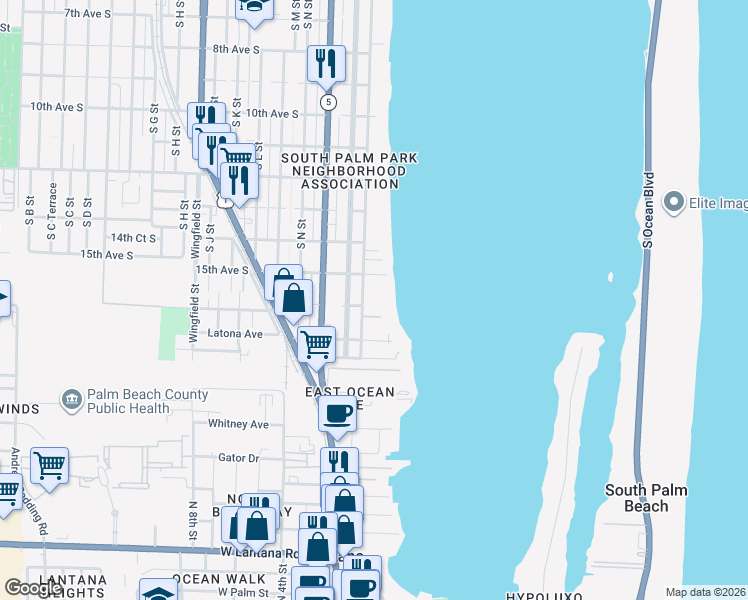map of restaurants, bars, coffee shops, grocery stores, and more near 1516 South Lakeside Drive in Lake Worth