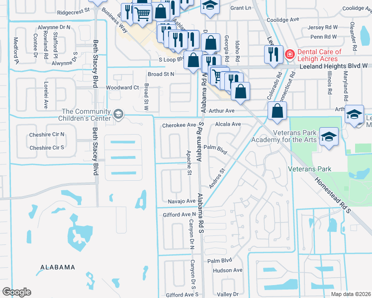 map of restaurants, bars, coffee shops, grocery stores, and more near 101 Apache Street in Lehigh Acres