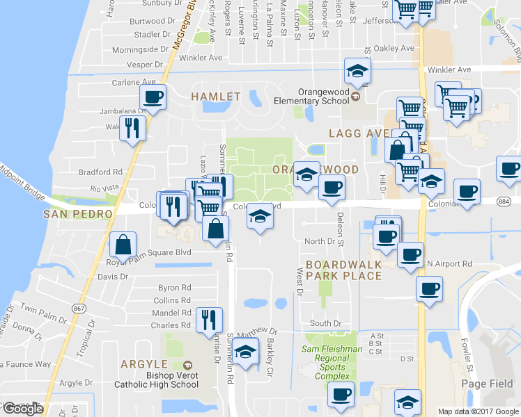 map of restaurants, bars, coffee shops, grocery stores, and more near 1566 Church Lane in Fort Myers