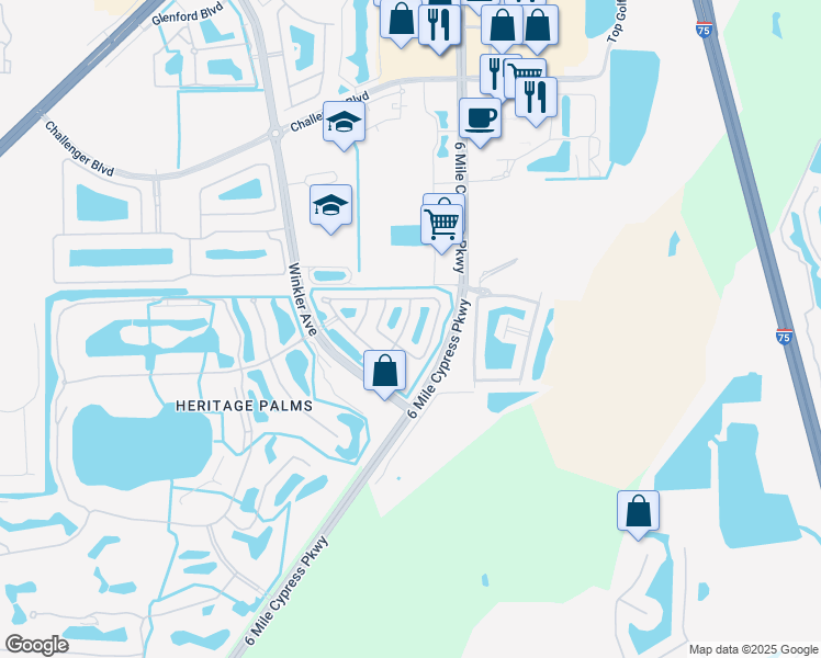map of restaurants, bars, coffee shops, grocery stores, and more near 10077 Poppy Hill Drive in Fort Myers