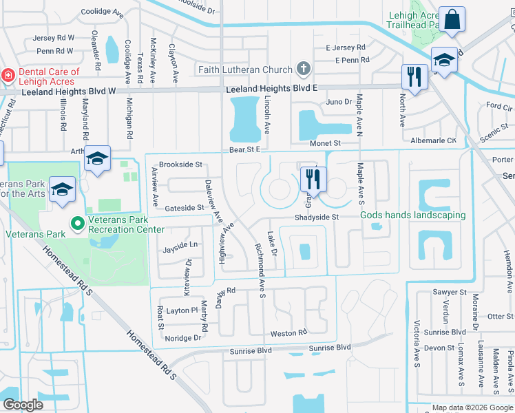 map of restaurants, bars, coffee shops, grocery stores, and more near 121 Highview Avenue in Lehigh Acres