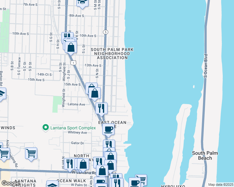 map of restaurants, bars, coffee shops, grocery stores, and more near 1516 South Lakeside Drive in Lake Worth