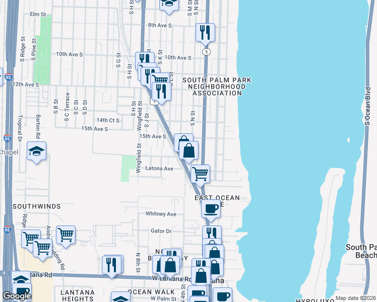 map of restaurants, bars, coffee shops, grocery stores, and more near 1526 South N Street in Lake Worth