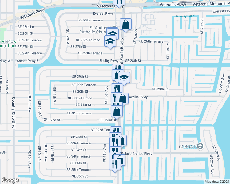 map of restaurants, bars, coffee shops, grocery stores, and more near 3002 Del Prado Boulevard South in Cape Coral