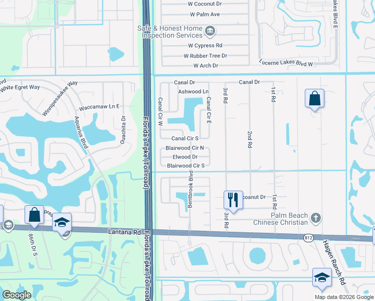 map of restaurants, bars, coffee shops, grocery stores, and more near 7791 Blairwood Circle North in Lake Worth