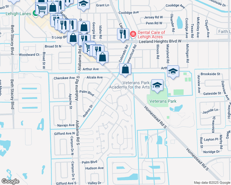map of restaurants, bars, coffee shops, grocery stores, and more near 38 Desert Candle Circle in Lehigh Acres