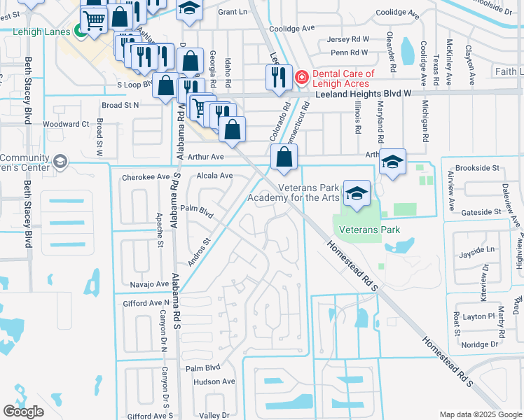map of restaurants, bars, coffee shops, grocery stores, and more near 38 Desert Candle Circle in Lehigh Acres