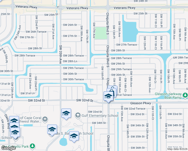 map of restaurants, bars, coffee shops, grocery stores, and more near 1638 Southwest 30th Street in Cape Coral