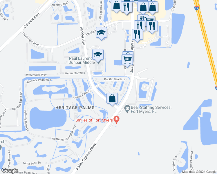 map of restaurants, bars, coffee shops, grocery stores, and more near 10078 Spyglass Hill Lane in Fort Myers
