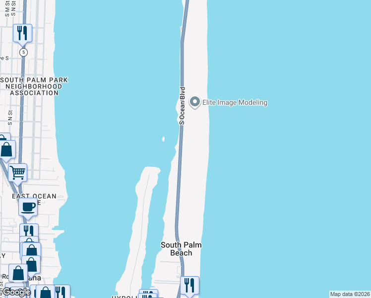 map of restaurants, bars, coffee shops, grocery stores, and more near 3440 South Ocean Boulevard in Palm Beach