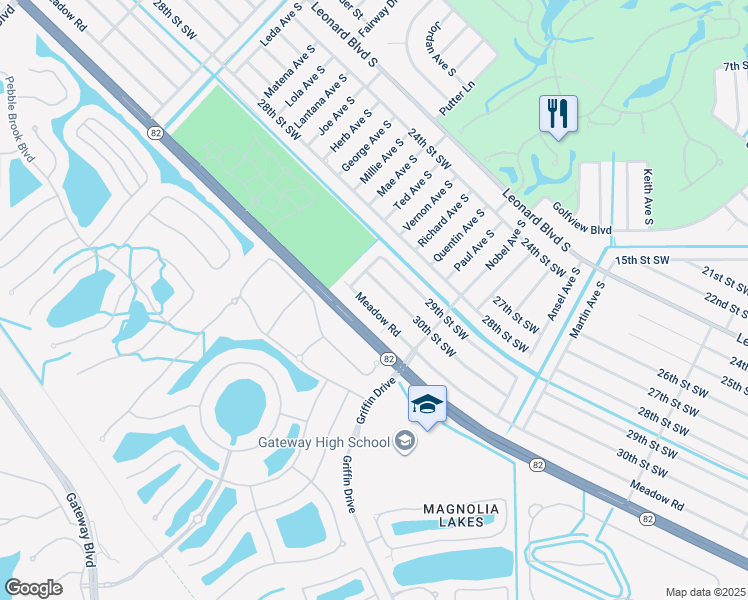 map of restaurants, bars, coffee shops, grocery stores, and more near 523 Meadow Road in Lehigh Acres