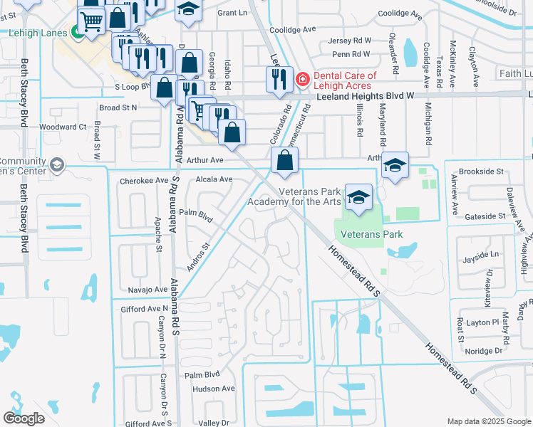 map of restaurants, bars, coffee shops, grocery stores, and more near 38 Desert Candle Circle in Lehigh Acres